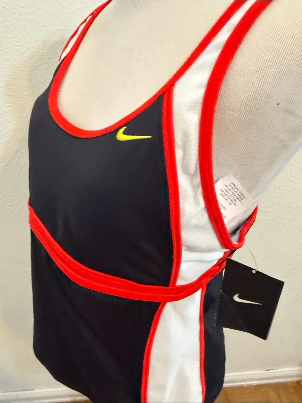 Nike Black Red White Tankini Swim Top with Yellow Swoosh New